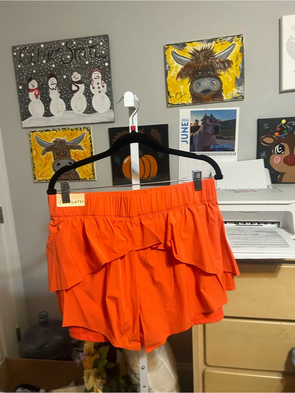 Women's Orange Ruffle Athletic Shorts with Elastic Waistband
